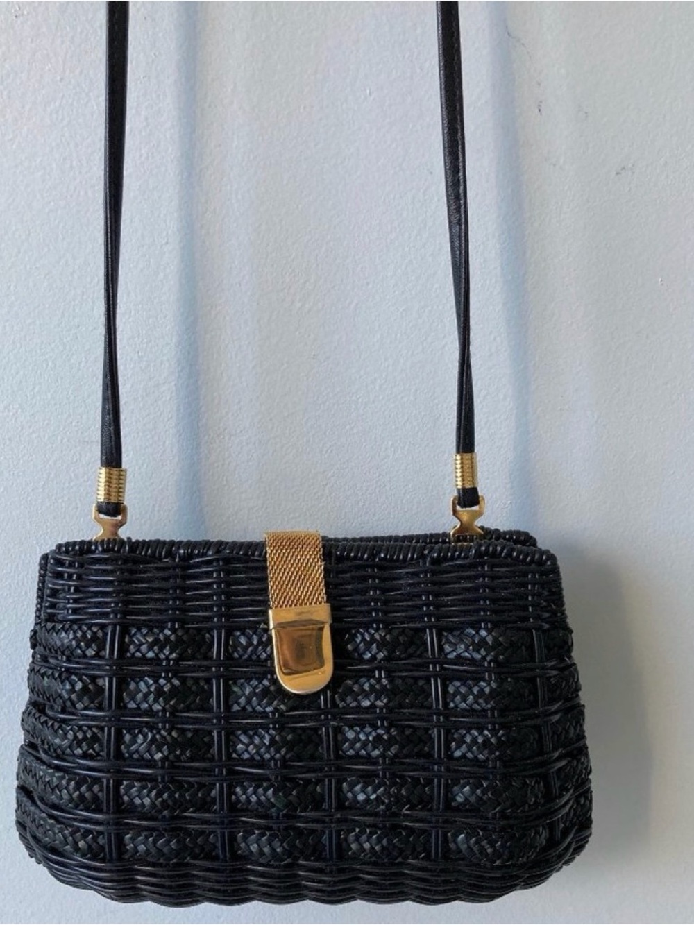 Vintage Black Woven Crossbody Bag with Gold Hardware